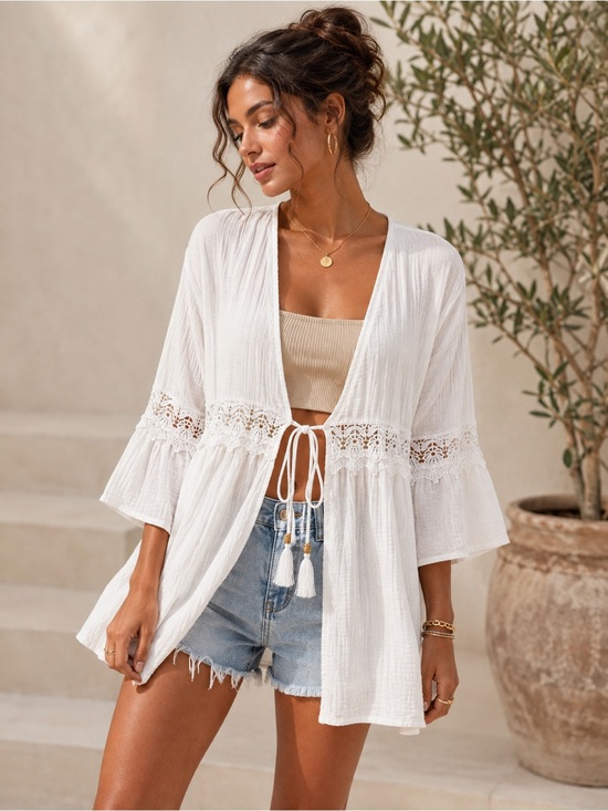 blue island Other - Blue Island White Cotton Gauze Lace Boho Kimono Cardigan Cover-Up XL